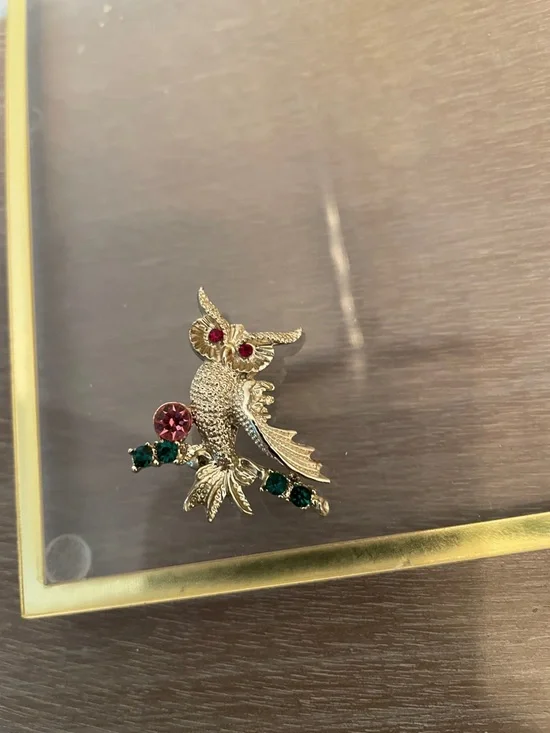 Artisan Gold Owl Brooch with Pink and Green Stones - Picture 2 of 7